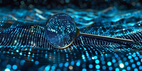 Magnifying Glass Over Abstract Blue Data Stream Background