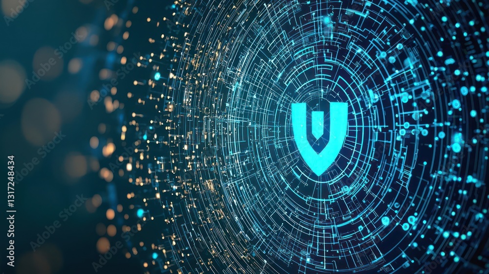 Poster abstract blue shield security concept with digital data and technology background