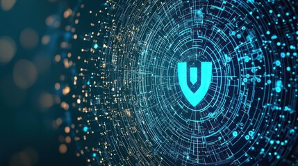 Abstract Blue Shield Security Concept With Digital Data And Technology Background