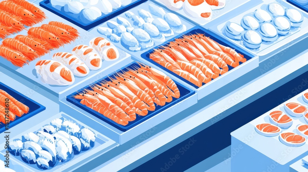 Poster vibrant seafood display featuring various types of fish and shellfish in a market setting