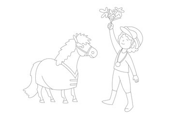 Young equestrian rider with a helmet and medal holding flowers high, standing next to a pony wearing a rug.