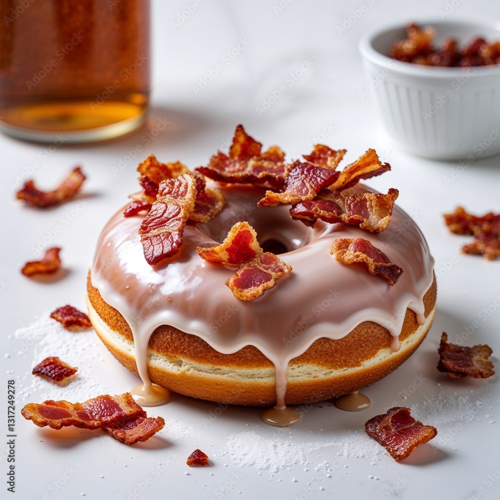 Poster maple bacon donut a donut topped with maple glaze and crispy bacon bits food portrait photography di