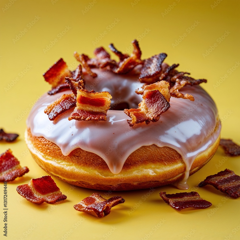 Poster Maple Bacon Donut A donut topped with maple glaze and crispy bacon bits food portrait photography display on red background