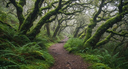 Hiking Trail Through Mossy Forest with Lush Ferns and Dense Fog