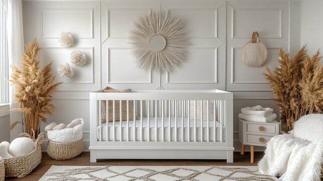 Nursery, crib, boho decor, pampas grass, wall panels, baby room, interior design,  website