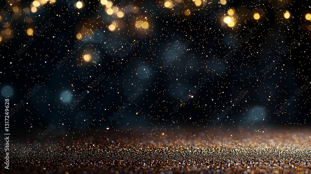 Poster golden glitter sparkles on a dark blurred background with bokeh effect festive backdrop for christma