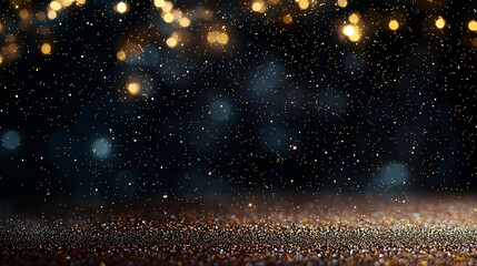 Golden Glitter Sparkles On A Dark Blurred Background With Bokeh Effect Festive Backdrop For Christmas New Year Or Party Celebration
