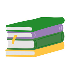 Stack of books in flat cartoon design. School textbooks with hardcovers and bookmark. Library and bookstore paper items in pile. Information and creativity literature publications. Vector illustration