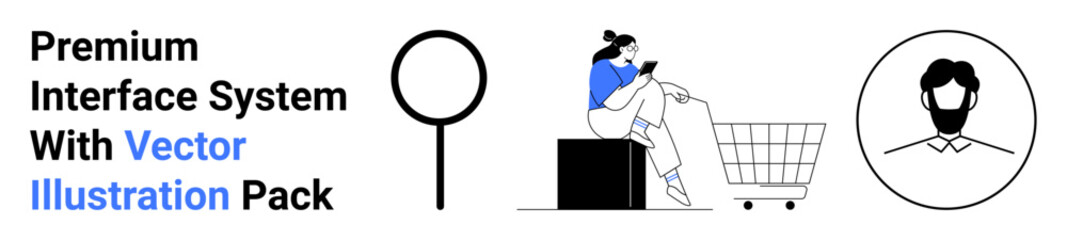 Woman sits browsing on a tablet near a shopping cart, magnifying glass for search, and user profile icon. Ideal for e-commerce, digital marketing, user experience, online retail, search tools, web