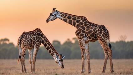 Two majestic giraffes standing gracefully in an open savannah at sunset, showcasing their long necks and distinctive patterns