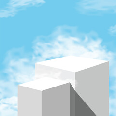 Blue Sky,Cloud with white podium for product. Empty podium for product display on Sky Background.