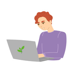 Man sitting by laptop in flat cartoon design. Vector illustration