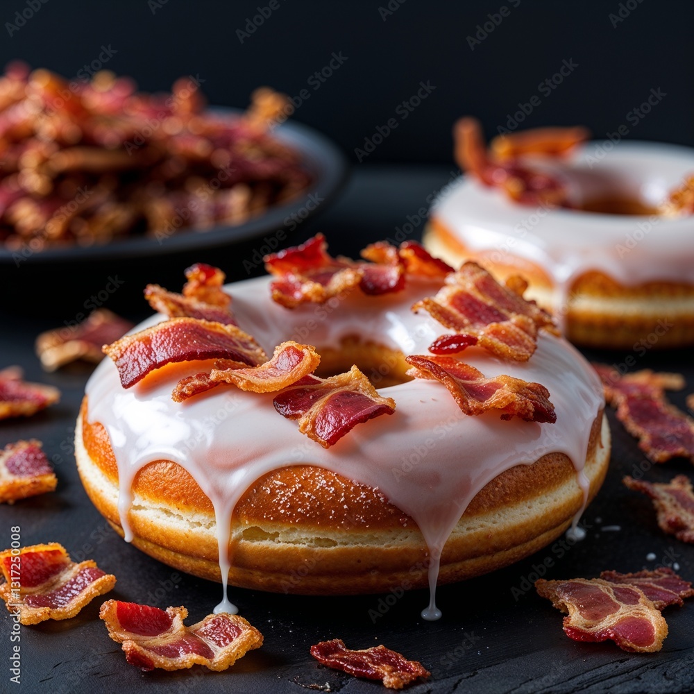 Poster maple bacon donut a donut topped with maple glaze and crispy bacon bits food portrait photography di