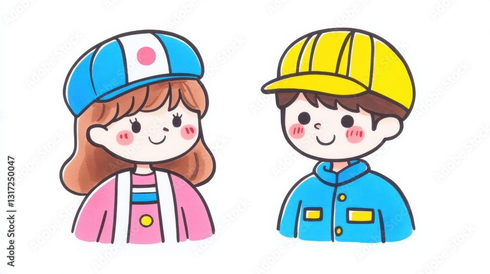 Poster cute cartoon characters wearing colorful caps and smiling with joyful expressions in playful style