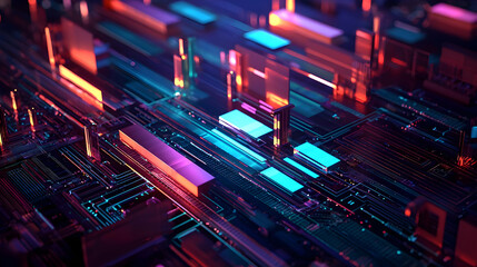 Obraz premium Abstract 3D Render of Futuristic Circuitry With Glowing Neon Lights and Colorful Digital Data Flow in Complex Geometric Shapes