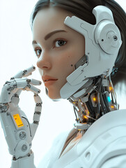 Fototapeta premium Futuristic female robot with cybernetic arm, close-up, thoughtful expression, modern white background