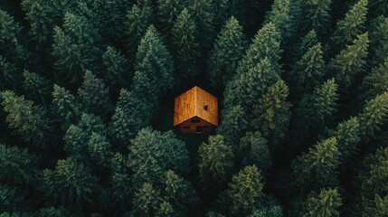 Secluded wooden cabin nestled amidst towering evergreen trees in a forest