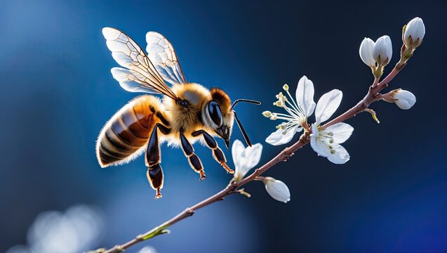 A close-up of a bee hovering near delicate white flowers against a blurred blue background, showcasing vibrant details and nature's beauty
