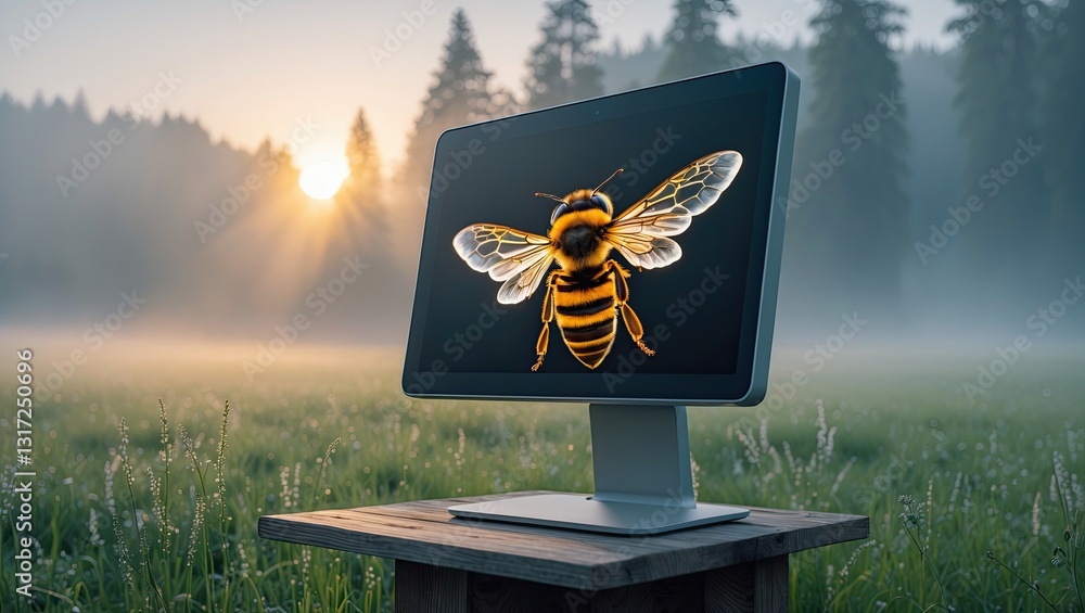 Aufkleber a computer monitor displaying a close-up of a bee in a serene forest setting at sunset, surrounded b