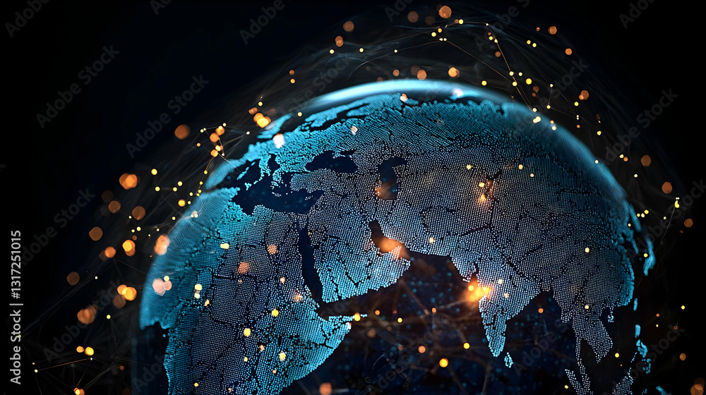 Poster digital earth glowing blue globe with golden particles network connection technology innovation futu