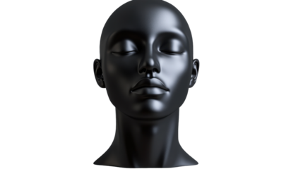 "A black mannequin head with a realistic facial structure, isolated on transparent background, highlighting its use for displaying hats or scarves."
