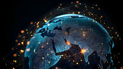 Digital Earth Glowing Blue Globe With Golden Particles Network Connection Technology Innovation Futuristic Data Visualization On Black Background