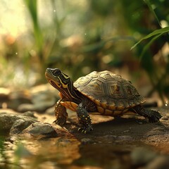 Obraz premium A turtle exploring a serene natural environment by the water.