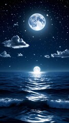 Fototapeta premium A full moon shines brightly over the ocean at night.