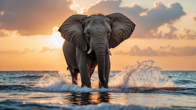 Majestic elephant splashing through the ocean against a vibrant sunset backdrop, showcasing natural beauty and tranquility
