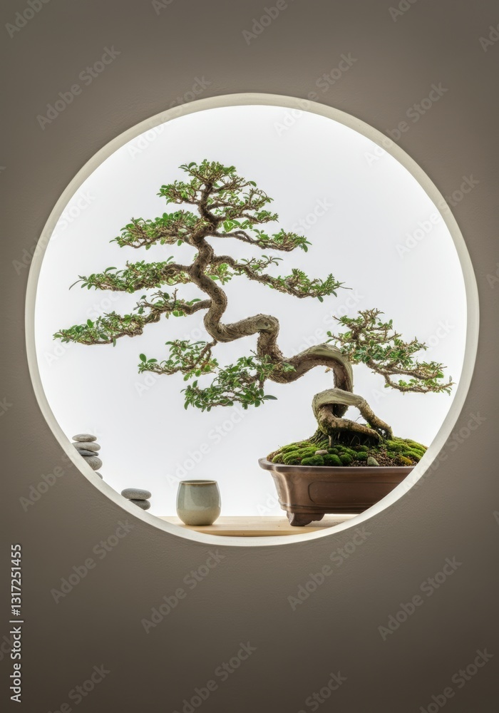 Poster elegant bonsai tree displayed in a circular frame, symbolizing tranquility