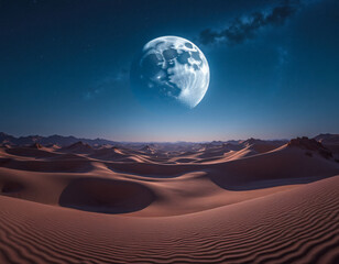 Naklejka premium Majestic desert at night with sand dunes under full moon and starry sky. generative AI