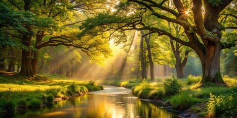 A Serene Forest Scene with Sunlight Streaking Through the Canopy, Illuminating the Winding River and Lush Green Grass