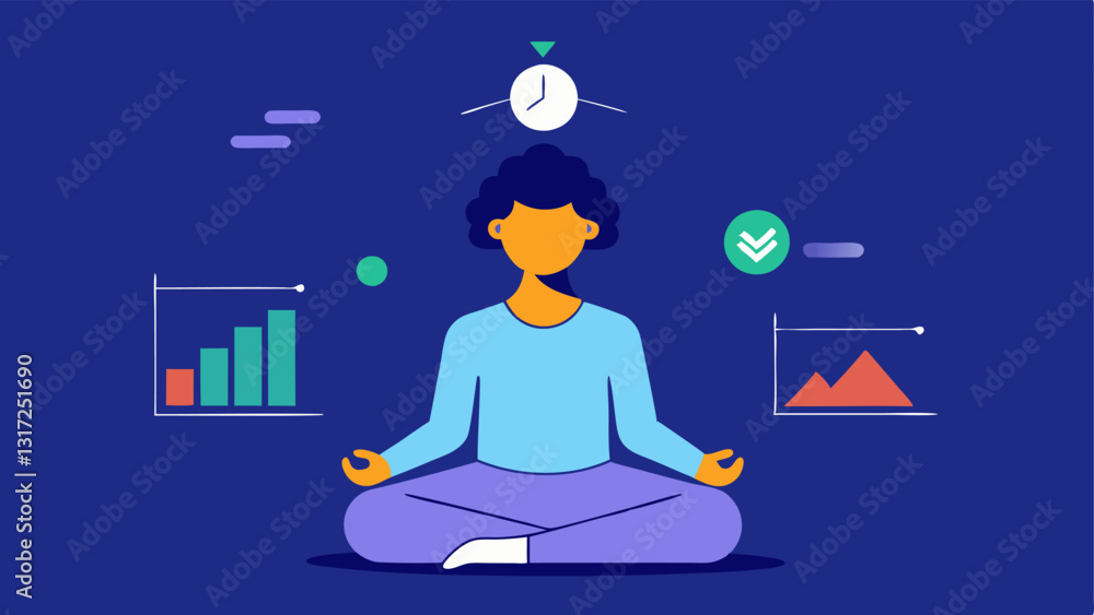 Poster stress and lifestyle analysis a person meditating with floating data visualizations about stress lev