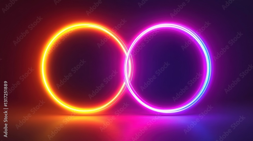 Poster vibrant neon circles intersecting in a dark space, creating a colorful light display