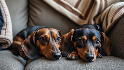 Two adorable dachshund dogs relaxing side by side on a cozy sofa, showcasing their expressive eyes and smooth fur
