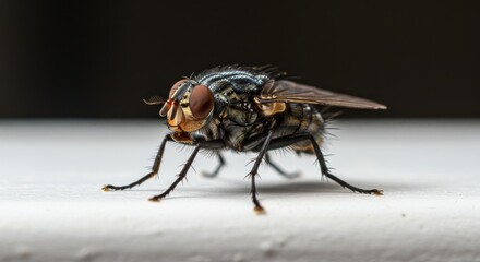 Fototapeta premium Housefly Close Up on White Sill - Detailed macro of a housefly on a white surface, symbolizing nature, insects, macro , wildlife, and detail