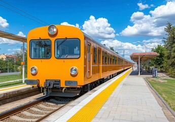 Obraz premium Orange Passenger Train at Sunny Day Railway Station