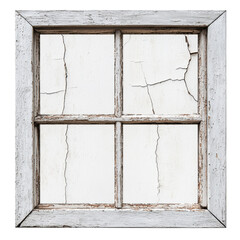 A vintage window frame with cracked panes and weathered wood, showcasing rustic charm and signs of aging. isolated on white background.