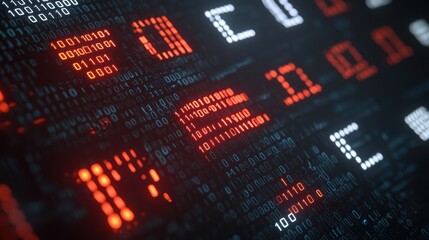 Digital Binary Code Background with Glowing Red and White Elements