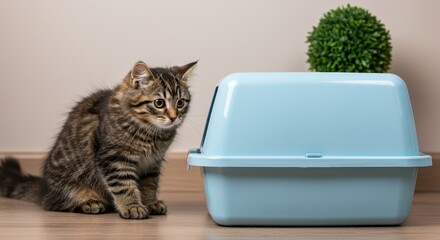 Kitten Exploring Cat Litter Box - A curious tabby kitten cautiously approaches a light blue covered cat litter box on a light brown floor