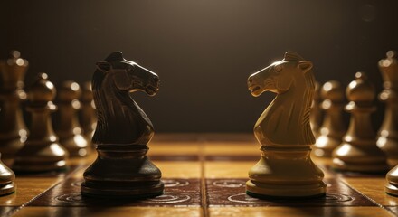 Knights Face-Off: A Chess Strategy Board Game - Strategic chess competition, knights face off, symbolic of planning, tactics, and victory. Board game challenge. Conceptual