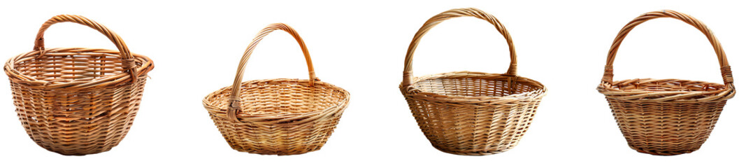 Wicker basket on transparent background collection set
