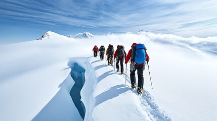 Adventurous Climbers Trekking Through Snowy Terrain on a Mountain in Clear Blue Sky