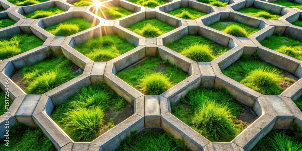 Poster a geometric pattern of concrete pathways and vibrant green grass, illuminated by the warm glow of th