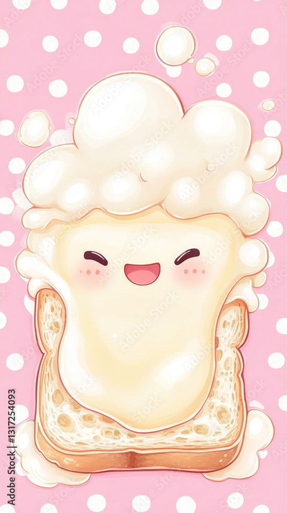 Poster an adorable cartoon toast character features a joyful expression with a creamy froth topping set aga