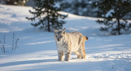 Obraz premium Lynx Prowling Snowy Landscape Winter Hunt - A majestic lynx gracefully moves through a pristine snowy landscape, symbolizing winter's beauty, wilderness survival, stealth, hunting prowess
