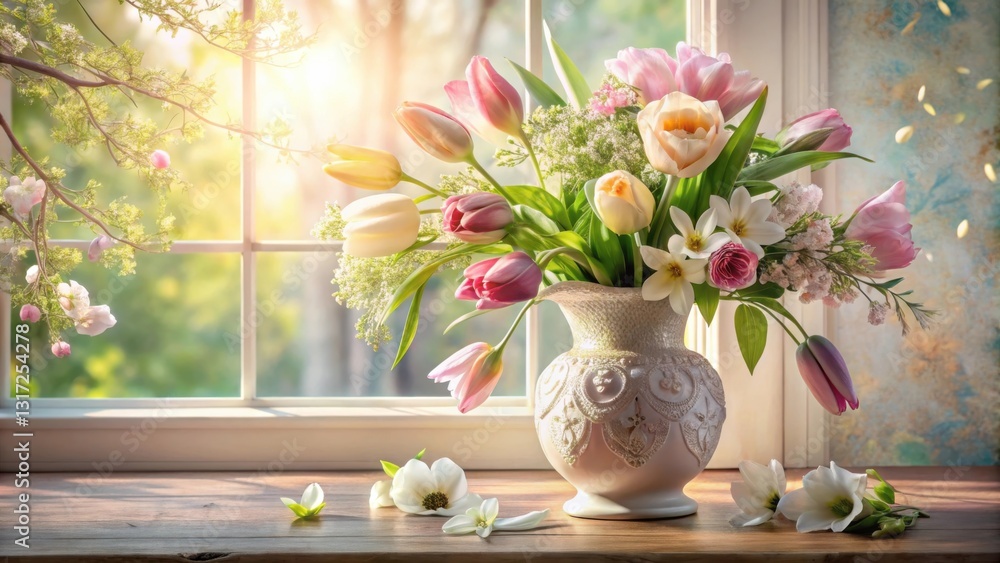 Poster a bouquet of tulips, daffodils, and other spring blossoms in a decorative vase on a wooden table by 