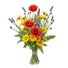 Vibrant bouquet of red poppies yellow daisies and lavender tied with twine Rustic and elegant wildflower arrangement on white