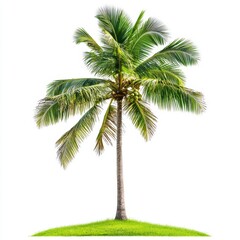 Obraz premium Tall Slender Coconut Tree with Vibrant Green Leaves and Fresh Coconuts on White Background