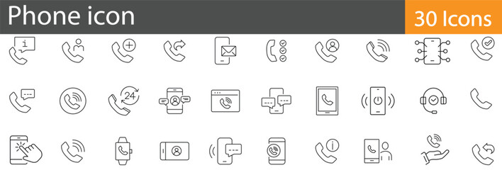 Phone icons include outline vector illustrations depicting mobile devices, connectivity, messaging, calling features, and digital communication tools. Editable stroke vector illustration.